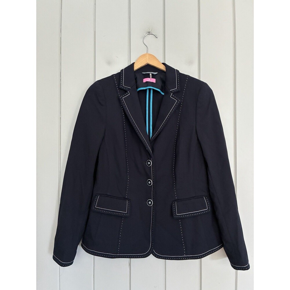Basler Ponte Knit Blazer 40 Navy Blue Contrast Stitching Pockets Pockets